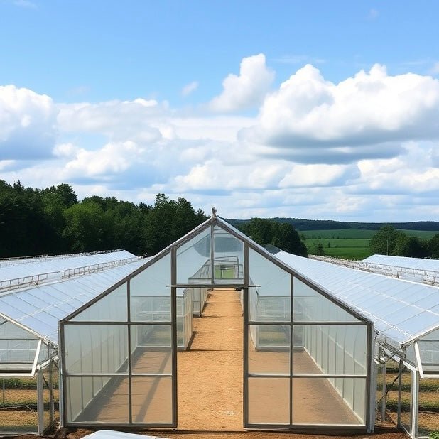 GewĂ€chshĂ€user auf landwirtschaftlichem Betrieb zur Kultivierung der GreenDream Sorten Genetik unter natĂŒrlichem Himmel