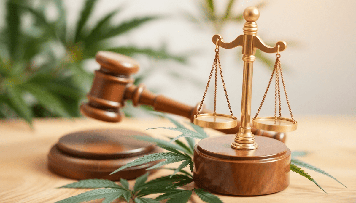 Rechtliche Aspekte von Cannabis mit Waage und Richterhammer zum Thema Cannabis Samen kaufen legal Deutschland