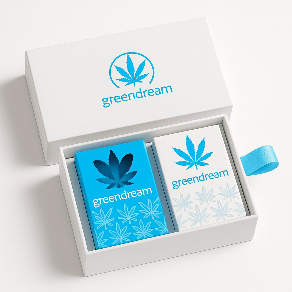 Elegantes Samen Geschenkset von GreenDream in einer weißen Box mit buntem Logo