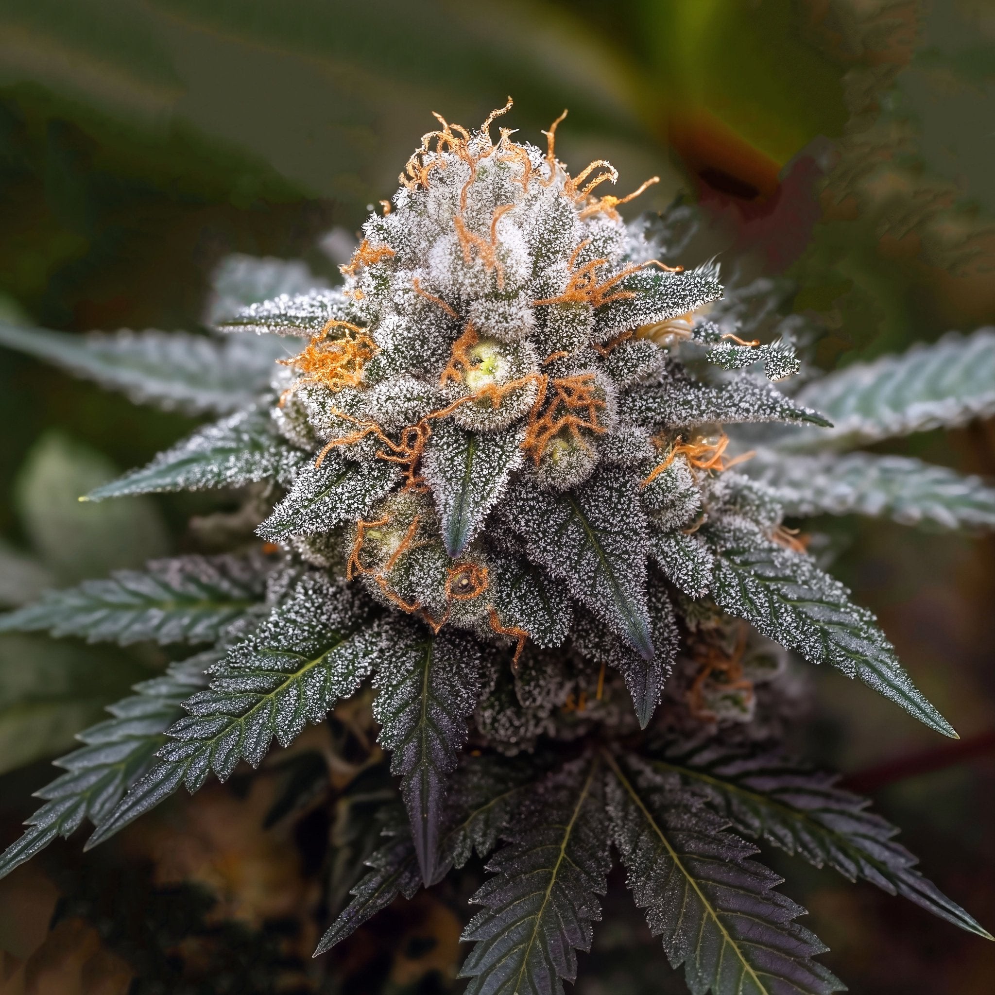 Lila Tetraploid Cannabisblüte mit dichten Trichomen und leuchtenden orangefarbenen Haaren