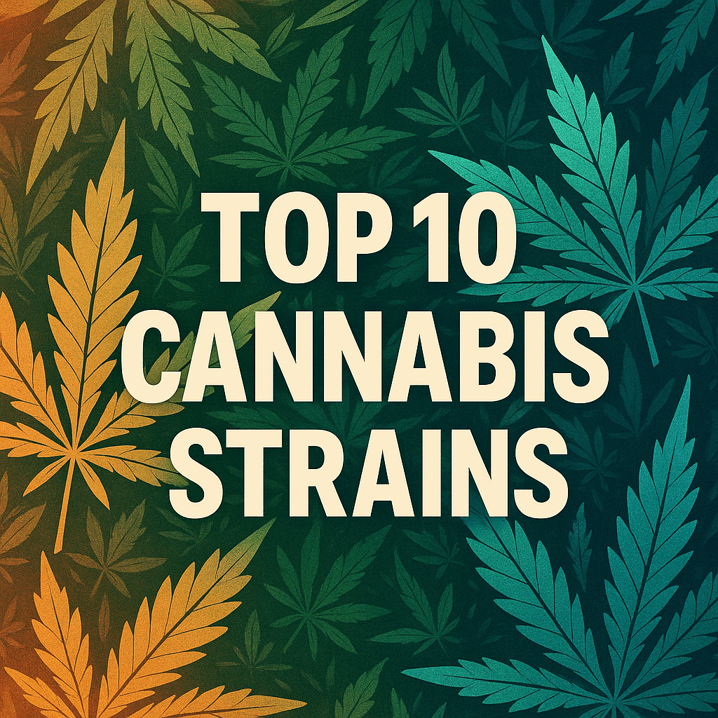 Die besten Cannabissorten mit bunten Hanfblättern im Hintergrund des Designs