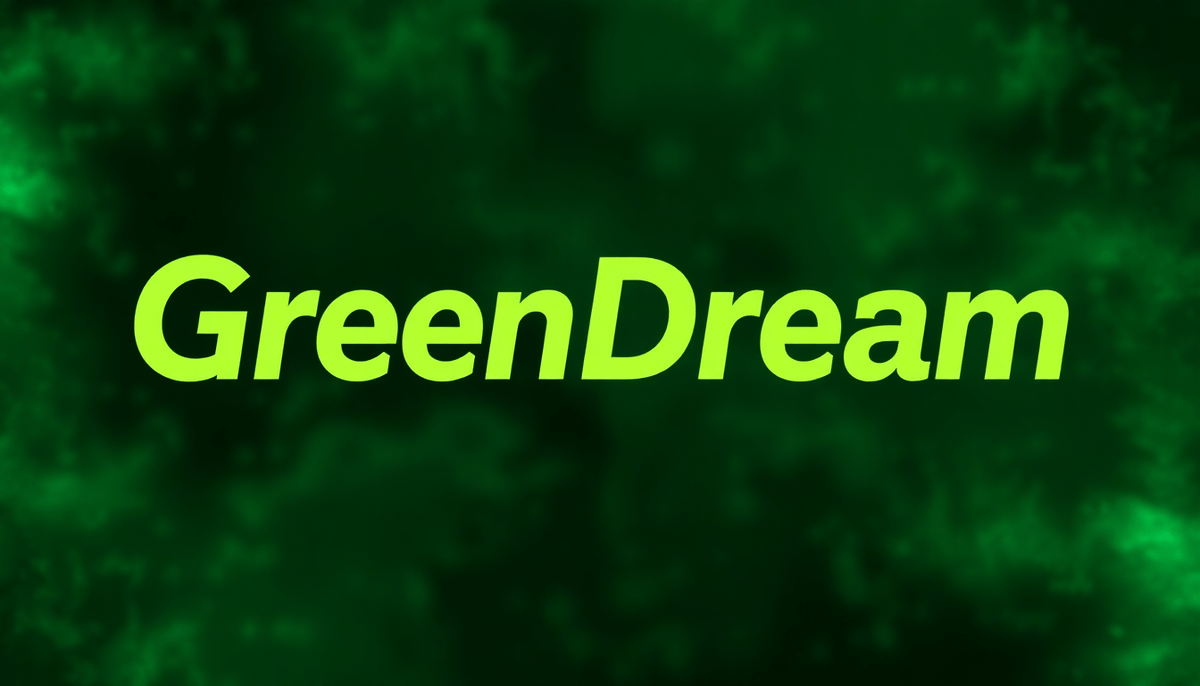 GreenDream Besonderheiten tetraploiden Samen Logo auf grünem, verschwommenem Hintergrund