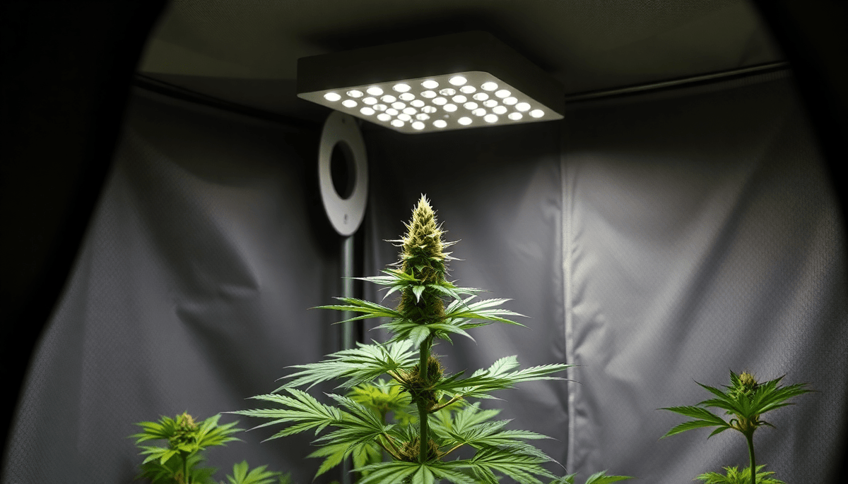 Cannabis-Pflanze unter LED-Wachstumslicht zur Illustration des Unterschied tetraploides und normales Cannabis