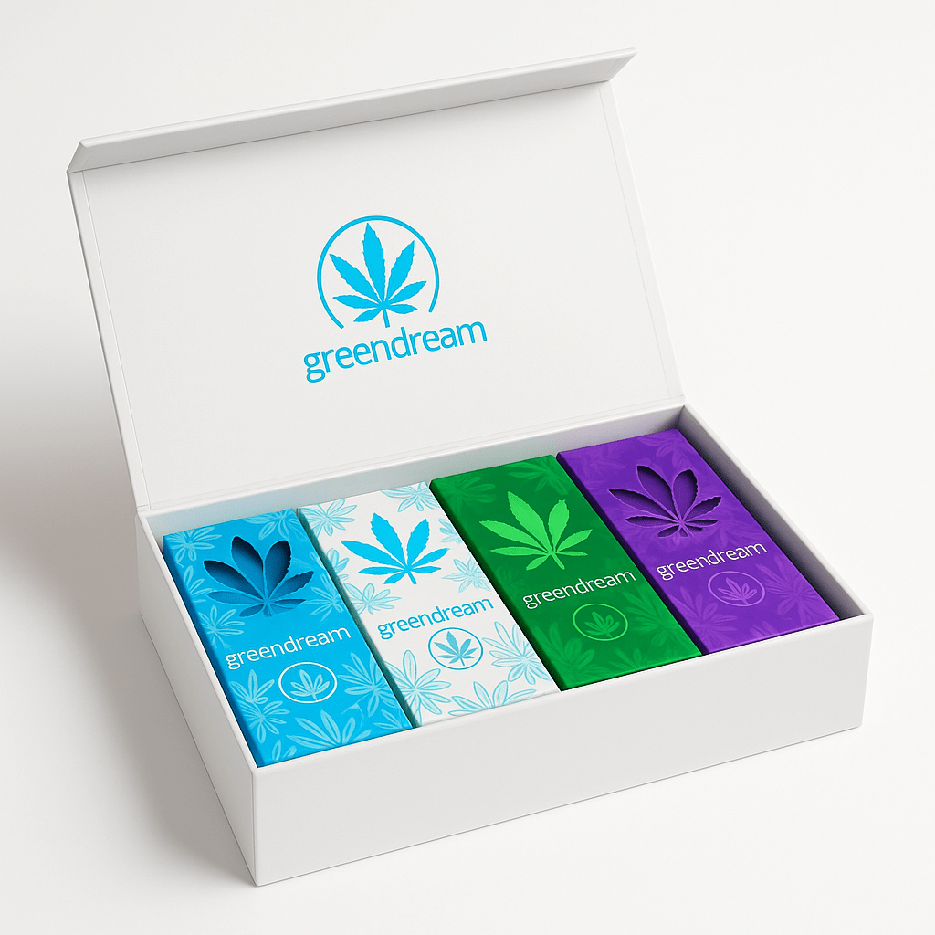 GreenDream Cannabis Geschenkset mit vier verschiedenen farbigen Boxen in einer eleganten Verpackung